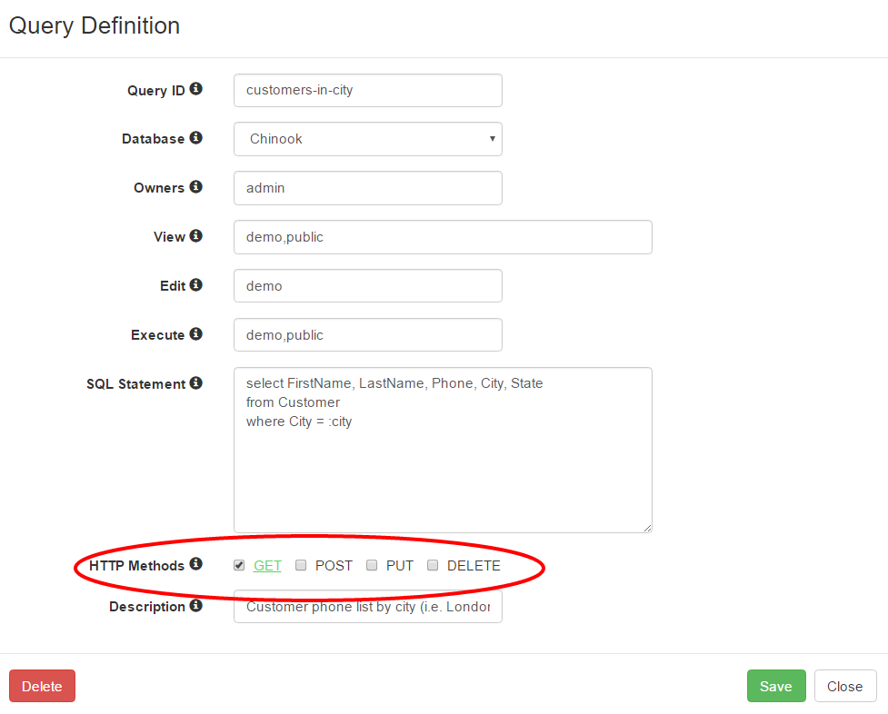 Screenshot of query definition with HTTP method assignment