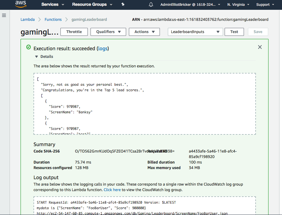 Executing AWS Lambda functionw with test event