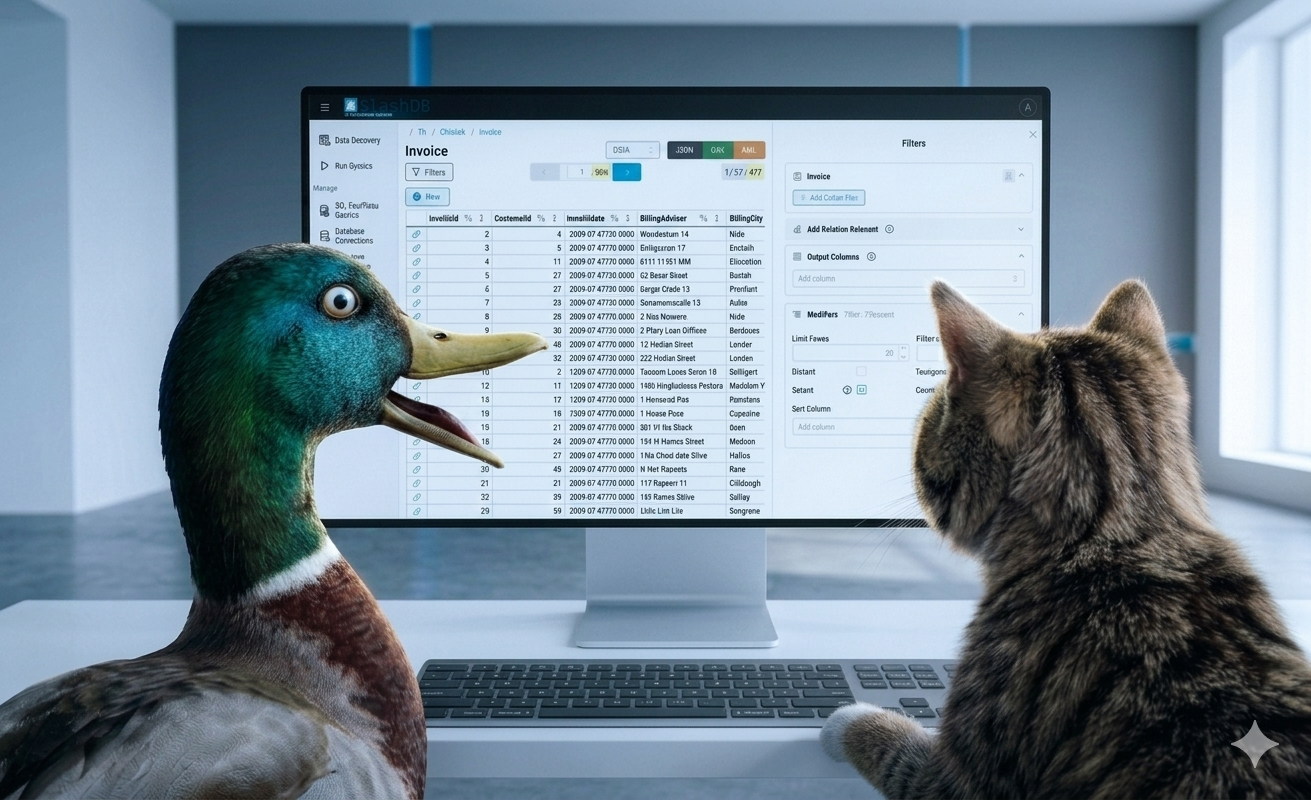 A duck and a cat look at monitor with SlashDB.