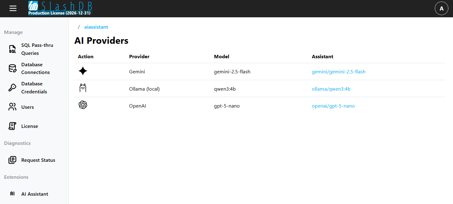Gemini, Ollama and ChatGTP AI assistants in SlashDB
